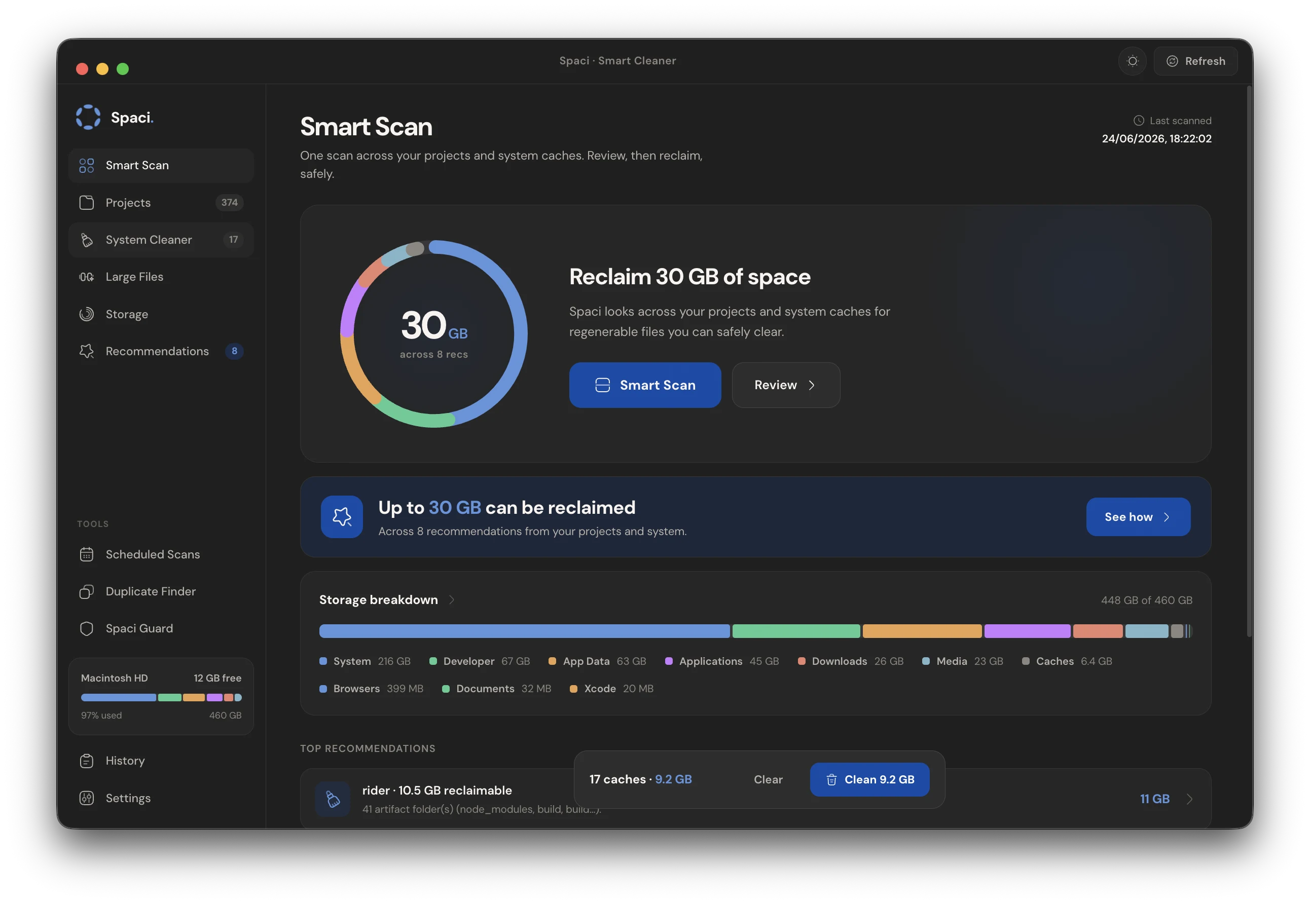 The Spaci desktop app showing the Smart Scan screen